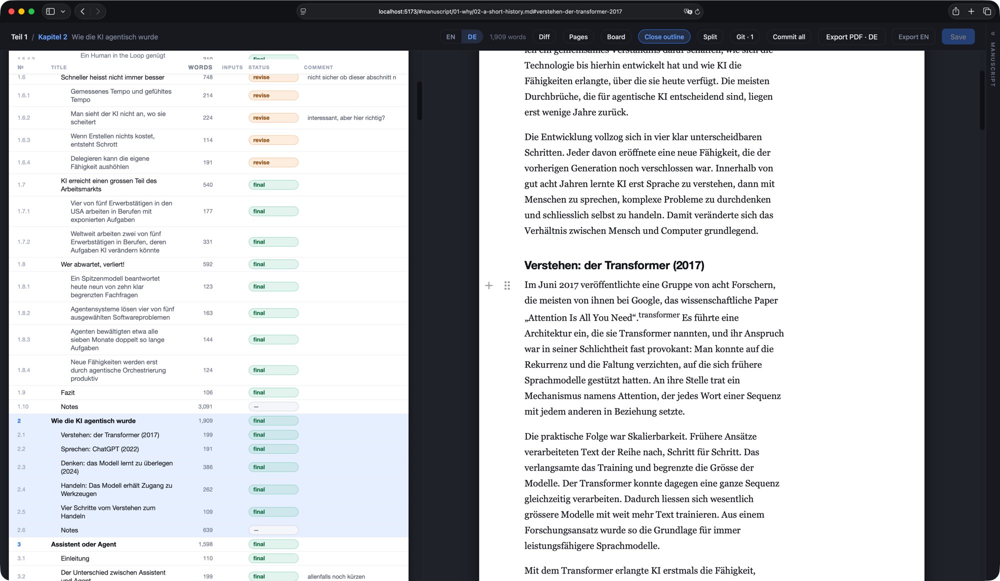 Screenshot des Buch-Editors: links die Outline als Tabelle mit Wortzahl, Status und Kommentaren, rechts das Manuskript