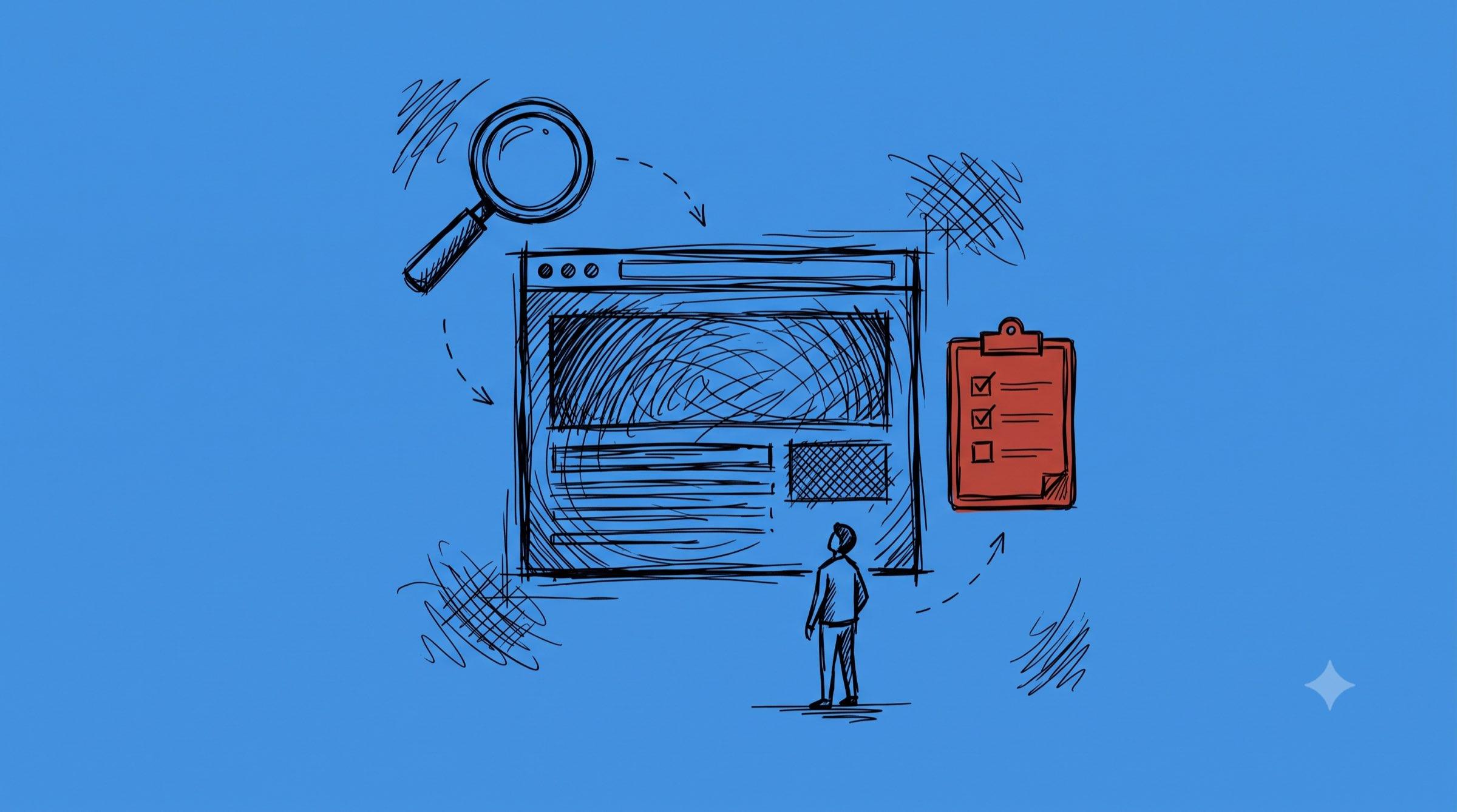 Ink-Illustration: Browser-Fenster mit Lupe, rotem Klemmbrett mit Checkboxen und Testnutzer – UX-Evaluationsmethoden