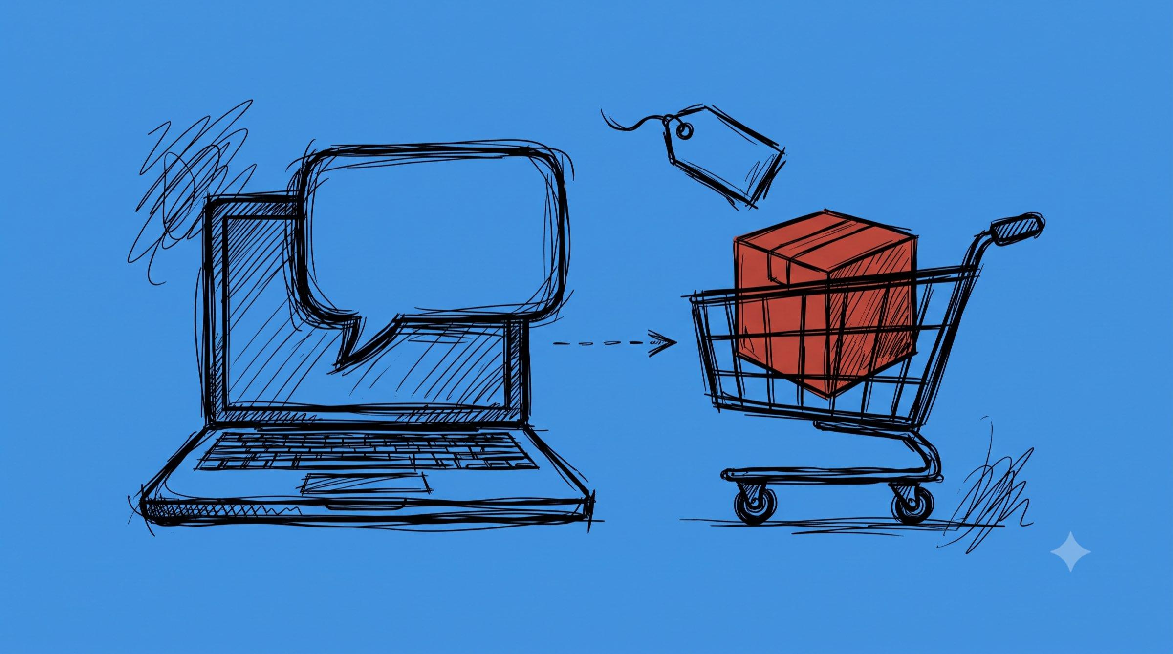 Illustration eines Laptops mit KI-Chat-Sprechblase, die ein Produkt im Warenkorb empfiehlt