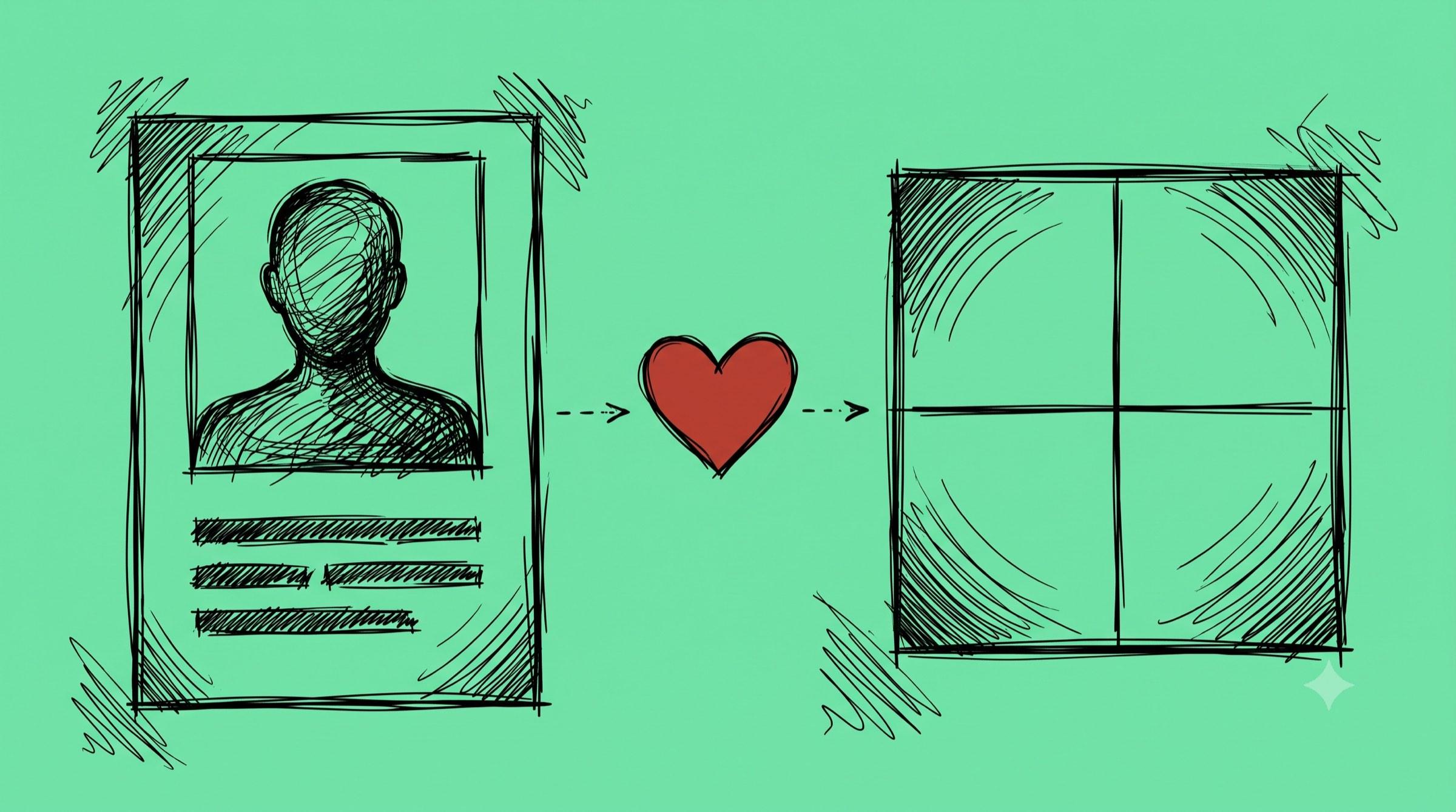 Persona-Karte und Empathy Map mit vier Quadranten, verbunden durch ein rotes Herz
