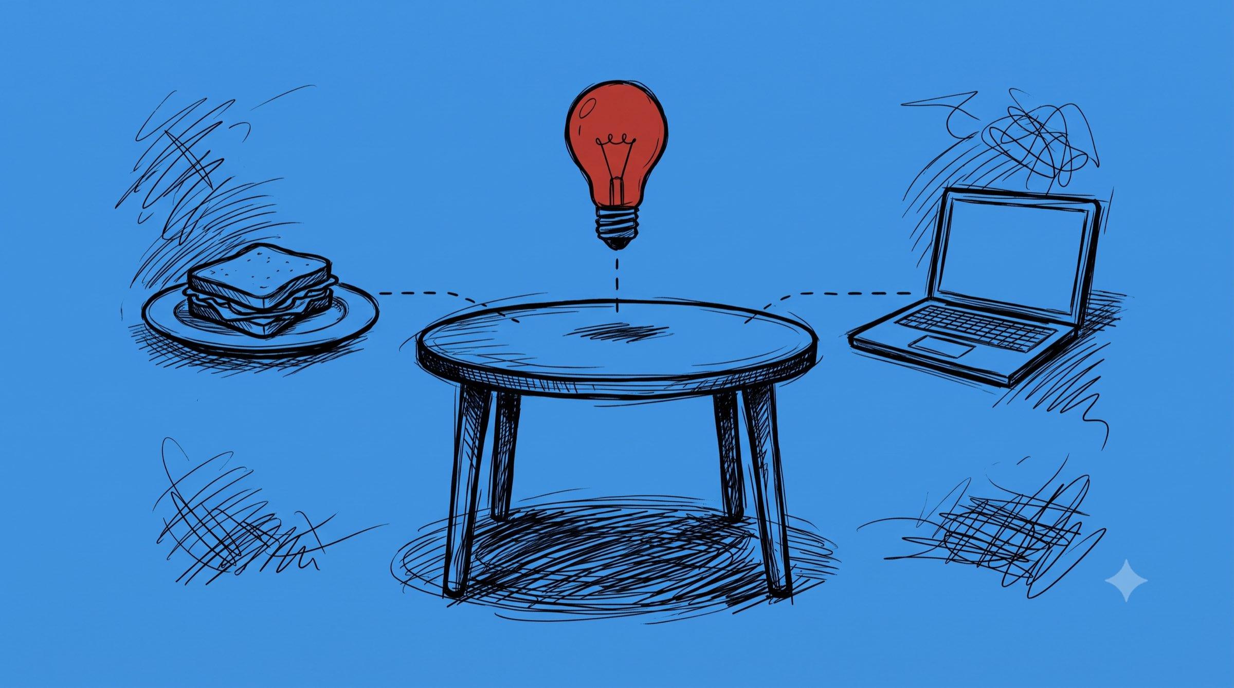Ink-Illustration: Runder Tisch mit Teller und Laptop, darüber eine rote Glühbirne als Sinnbild für das Lunch-and-Learn AI Show and Tell