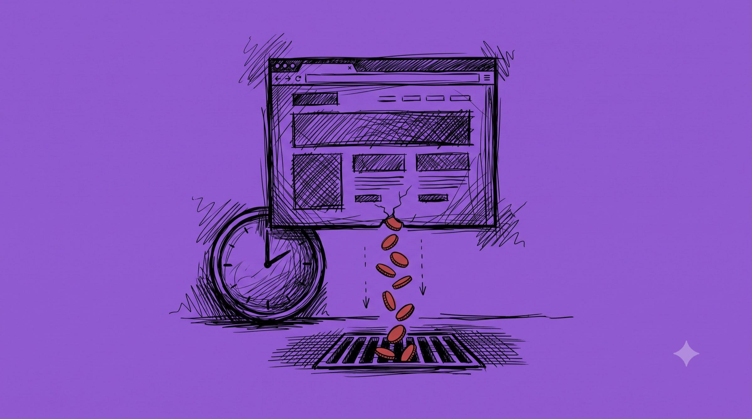 Ink-Illustration: Browser-Fenster mit Riss, aus dem Münzen in einen Abfluss fallen, daneben eine Uhr – die versteckten Kosten einer ungepflegten Website