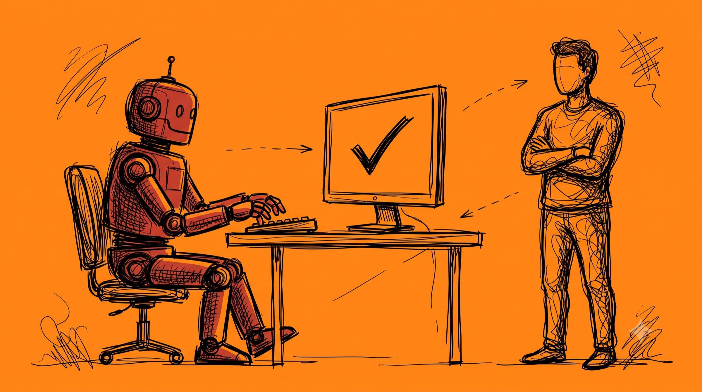 Ink-Illustration: Roter Roboter am Schreibtisch mit Monitor und Häkchen, daneben beobachtender Entwickler als Sinnbild für Agentic Coding