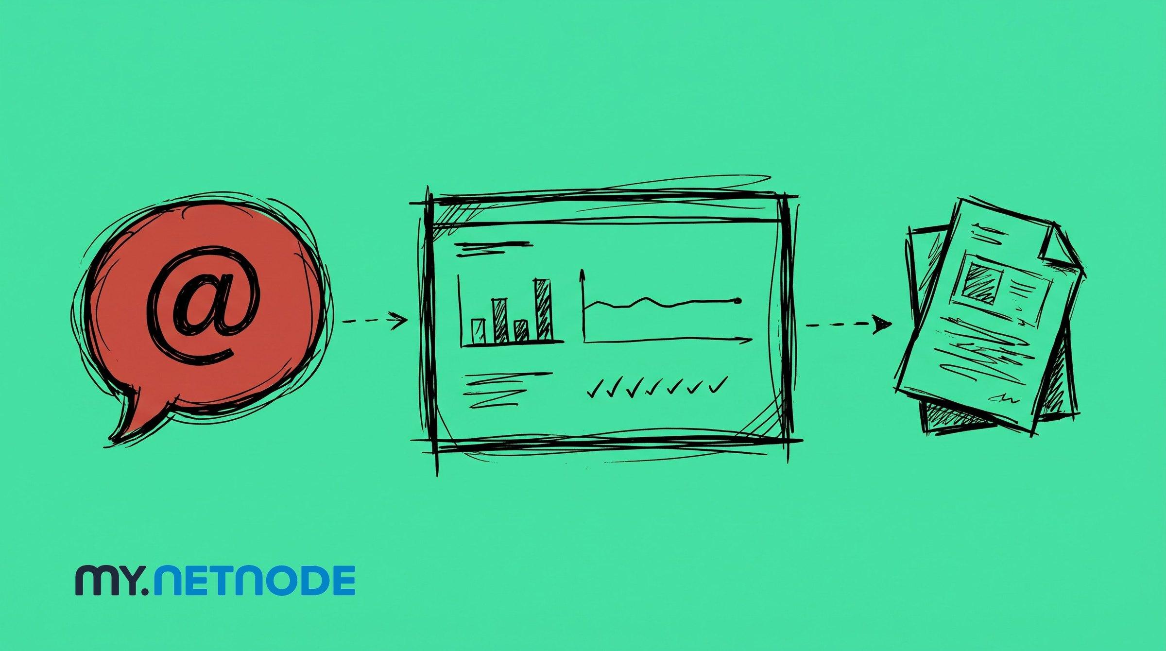 Tuschezeichnung auf mintgrünem Grund: eine rote Sprechblase mit At-Zeichen, daneben ein Dashboard-Fenster mit Diagrammen und ein Stapel Dokumente, unten das Logo von my.netnode.ch